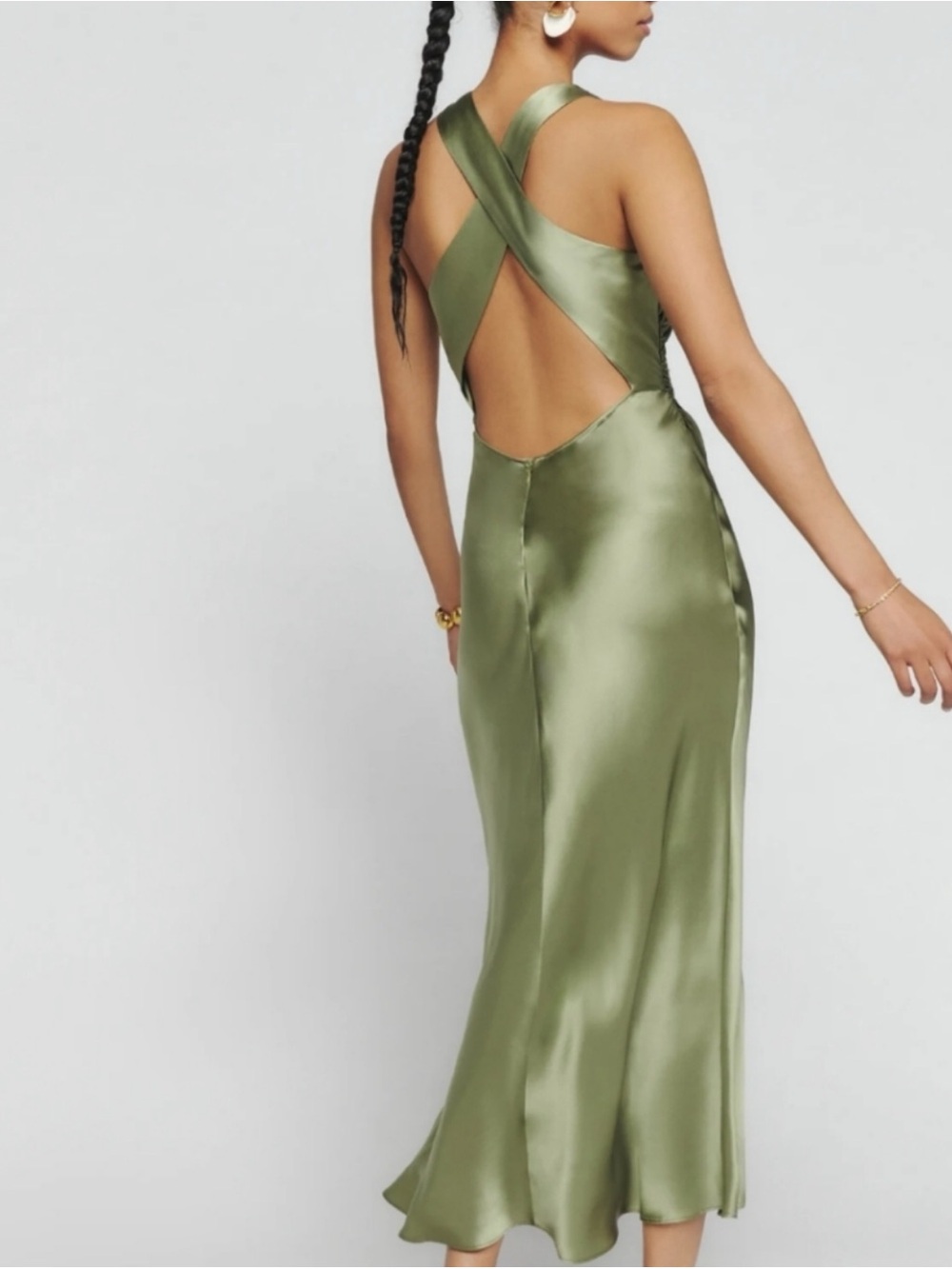 New REFORMATION Casette Silk Midi Dress Crisscross Back Halter Neck Ruched 12